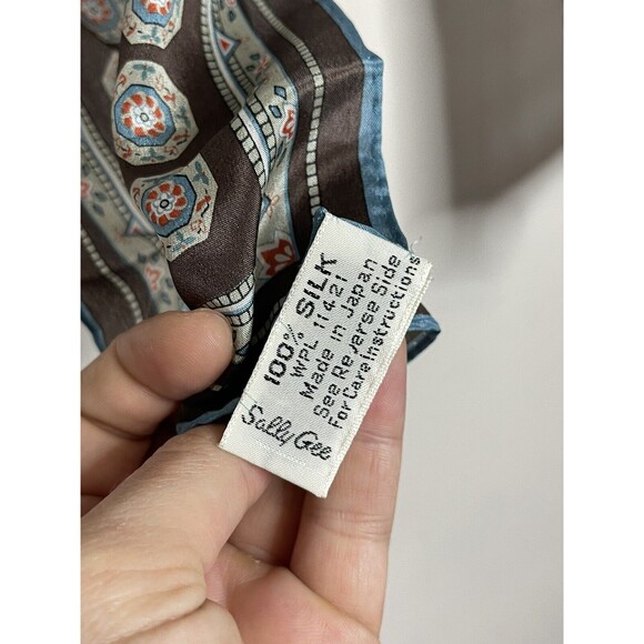 sally gee silk scarf brown teal medallion print 8.5x24" made in japan Vintage - Picture 6 of 7